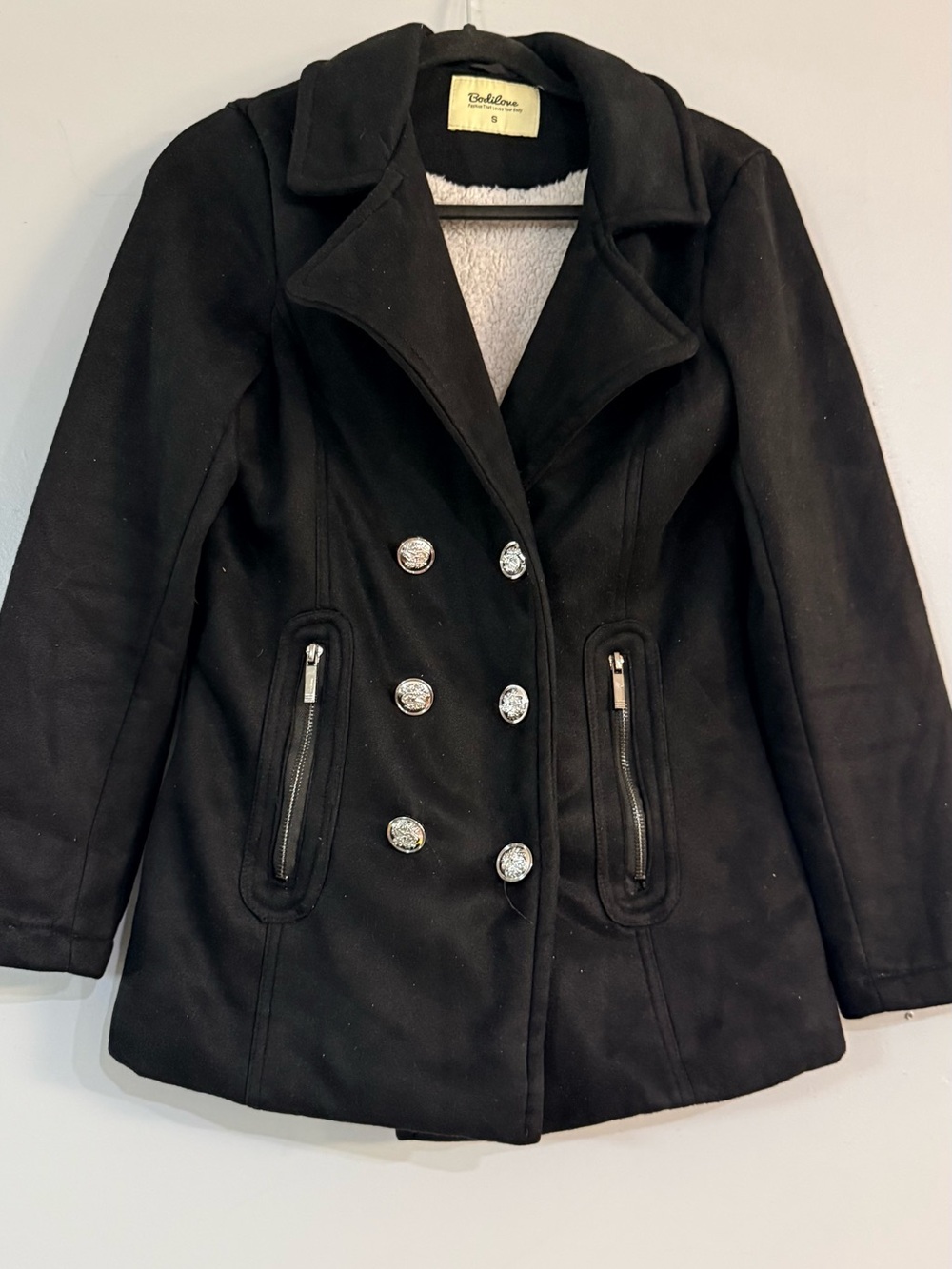 Black Double-Breasted Peacoat with Decorative Buttons - Bodilove